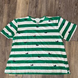 Ladies Quacker Factory Green and White Striped Tee With Blue Whales